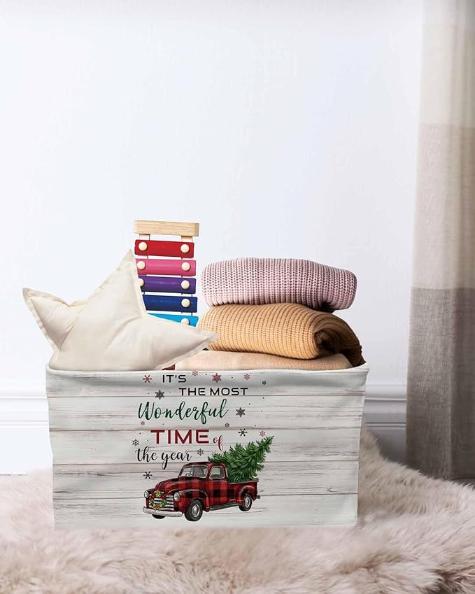 Merry Christmas Storage Bins Cubes Waterproof Cloth Storage Basket, Truck Xmas Tree Farmhouse Buffalo Plaid Foldable Storage Bags for Shelf Closet Clothes Organizers with Handles 15x11x9.5 in 2PCS