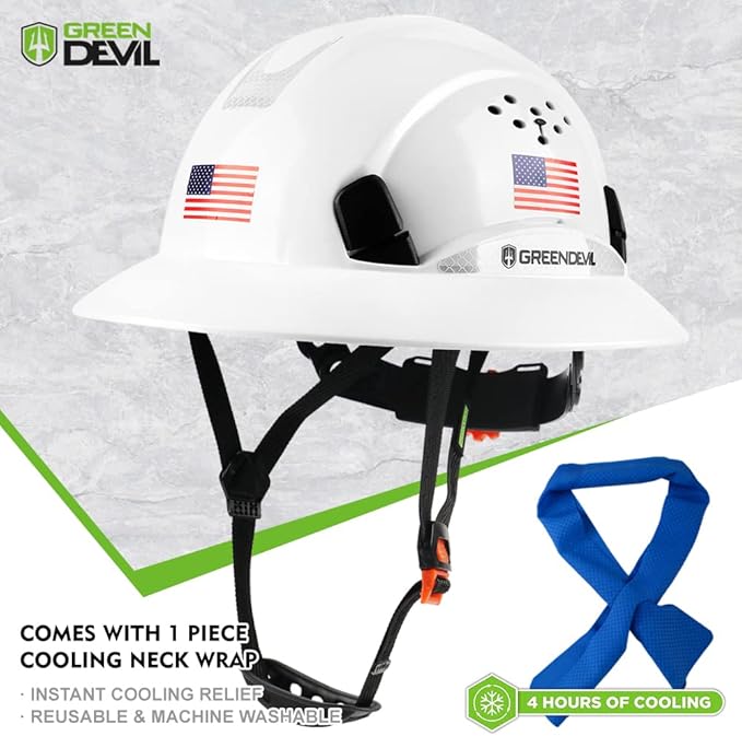 Full Brim Hard Hat Vented Construction Safety Helmet OSHA Approved Cascos De Construccion Work Hardhats with Cooling Towel for Men&Women 6 Point Adjustable Ratchet Suspension