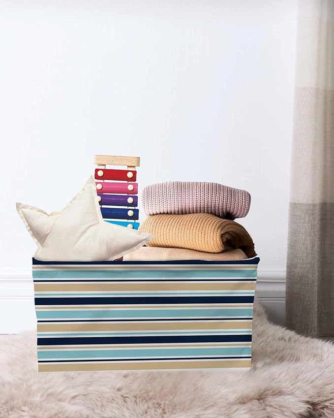 Khaki Striped Storage Bins Cubes Waterproof Cloth Storage Basket,Navy Blue Farmhouse Stripes Modern Abstract Art Foldable Storage Bags for Shelf Storages Organizers with Handles 15x11x9.5 in 1PCS