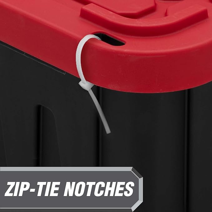 Tough 27 Gallon Plastic Storage Bin with Snap Lid, Stackable, Lockable, Black/Red, Set of 6, Heavy-Duty, Durable, Multi-Purpose Storage Containers for Indoor & Outdoor Use