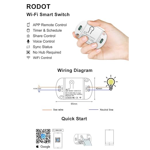 10A KR2201WB Wi-Fi Wireless Smart Basic Switch for Smart Home Smart Life APP Compatible with Alexa & Google Home Assistant No Hub Required Support DIY Module (5-Pcs)