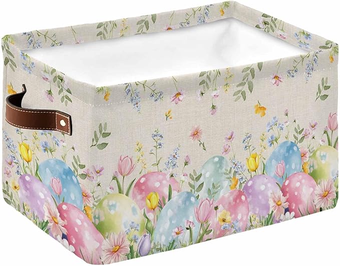Easter Eggs Storage Bins Cubes Waterproof Cloth Storage Basket,Spring Daisy Eucalyptus Leaves Rustic Burlap Foldable Storage Bags for Shelf Clothes Storages Organizers with Handles 15x11x9.5 in 1PCS