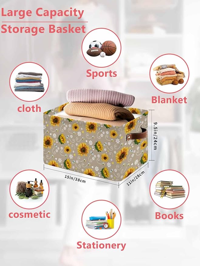 Brown Yellow Sunflower Storage Bins Cubes Waterproof Cloth Storage Basket,Summer Botanical Farmhouse Floral Foldable Storage Bags for Shelf Clothes Storages Organizers with Handles 15x11x9.5 in 2PCS