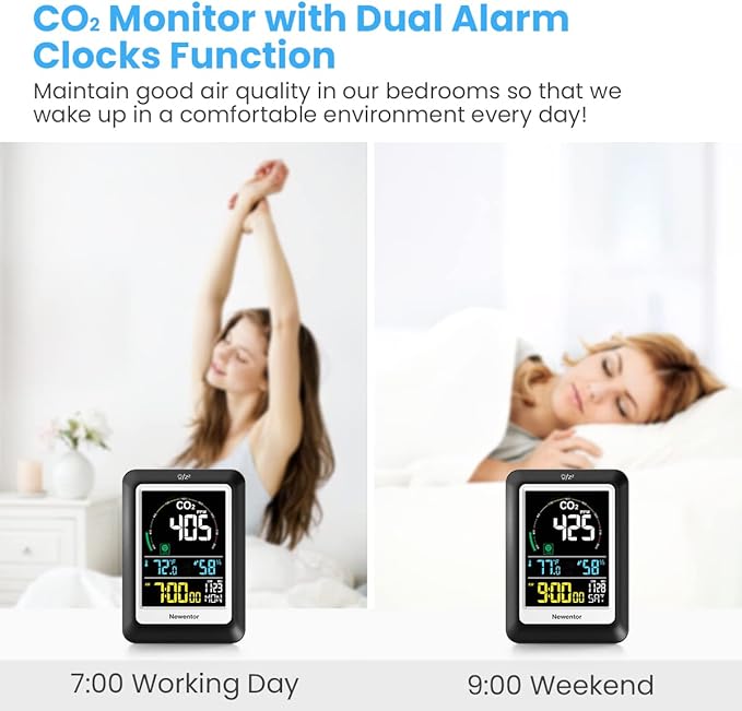 Newentor CO2 Monitor, Indoor Air Quality Meters, Carbon Dioxide Detector with Voice, Large Display CO2 Tester, Temperature Humidity Sensor, Alarm Clock for Home, RV, Grow Tents, Black