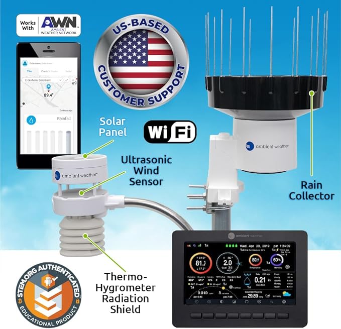 Ambient Weather WS-5000 Ultrasonic Smart Weather Station with AWN+ Included and TFT Full Color LCD Display