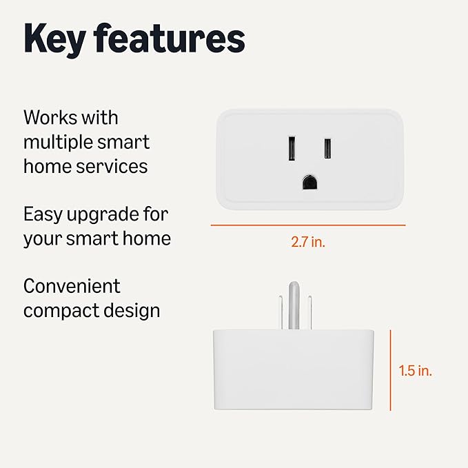 Amazon Basics Smart Plug, Matter Compatible, Compatible with Amazon Alexa, Google Home, Apple HomeKit, Voice Control, Control Appliances, Matter Hub Required, 2.4 GHz Wi-Fi Only, 1-Pack, White