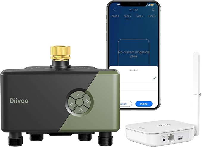 Diivoo WiFi Water Timer for Garden Hose, 4 Zone Smart Sprinkler Timer with Brass Inlet, Ethernet & 2.4GHz WiFi Connection, Compatible with Alexa/Google, 24 Irrigation Plans & Rain Delay Mode for Lawns
