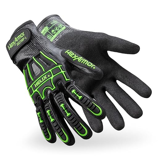 HexArmor Helix 3027IMP Liquid-Resistant Impact Gloves – ANSI A7 Cut Protection, IR-X® Impact Exoskeleton, 21-Gauge Dexterity, Full Nitrile Coating, Touchscreen Compatible, High-Grip Sandy Palm