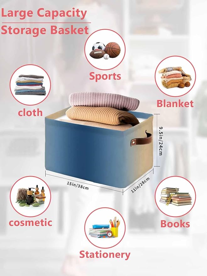 Navy Blue Yellow Ombre Storage Bins Cubes Waterproof Cloth Storage Basket,Farmhouse Modern Gradient Art Foldable Storage Bags for Shelf Clothes Storages Organizers with Handles 15x11x9.5 in 2PCS