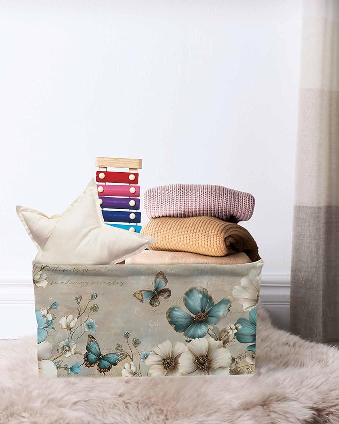 Teal Tulip Butterfly Storage Bins Cubes Waterproof Cloth Storage Basket,Beige Turquoise Floral Vintage Rustic Foldable Storage Bags for Shelf Clothes Storages Organizers with Handles 15x11x9.5 in 1PCS