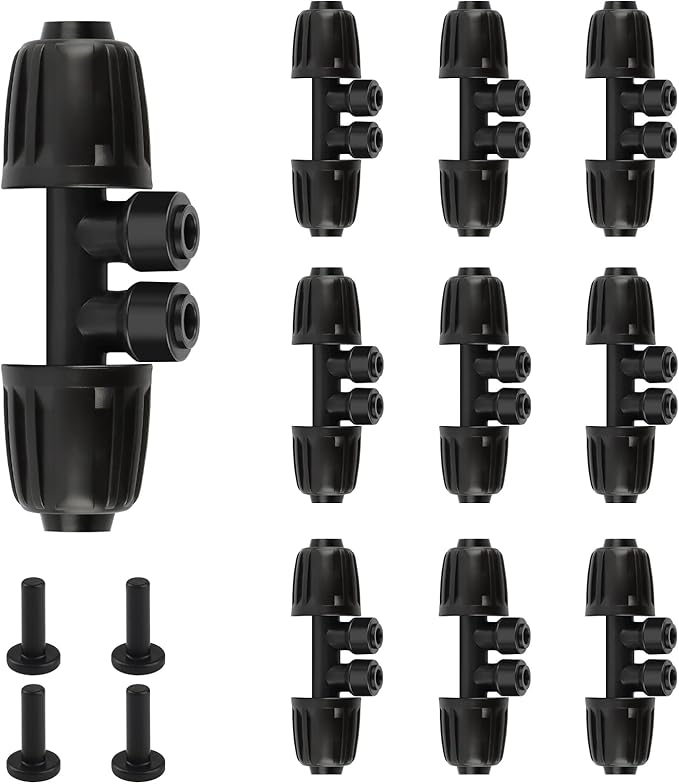 Kalolary 10PCS 1/2'' to 1/4'' Barbed Tee Quick Connector, Push-to-Fit Drip Irrigation Fittings Anti-Leak Locked Splitter Fitting for Irrigation Tubing with 4-Way Connector& 4 Plugs