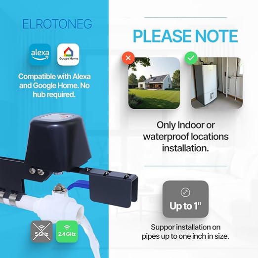 Smart Valve Controller ELROTONEG, Wi-Fi Electric Water Shutoff Controller, Tuya & Smart Life App Control, Compatible with Alexa, No Hub Required