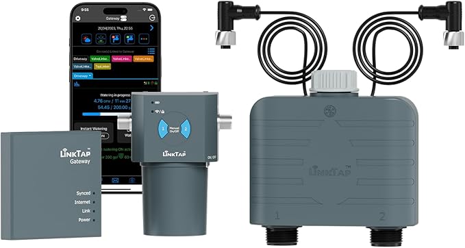LinkTap T1 Smart 2-Zone Water Timer & Gateway, Built-in Flow Meters, Real-Time Fault Detection & Alerts, Weather Adaptive, Anti-Freeze, Better Range Than WiFi Hose Timer, IP66, Alexa, 2-Year Warranty