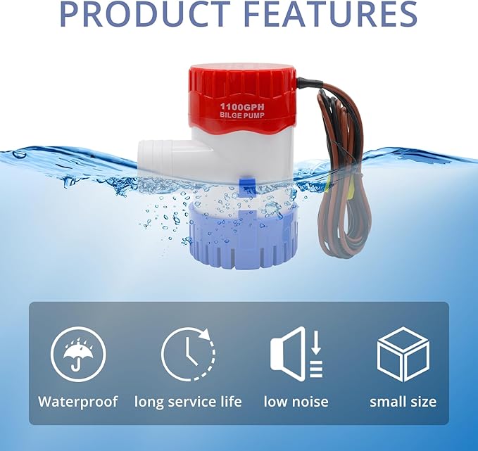 HXH 12V 1100GPH Bilge Pump with Hose Kit for Boats, Includes Thru-Hull Fitting, 2 PCS Stainless Steel Hose Clamps,1-1/8 Inch Flexible PVC Hose