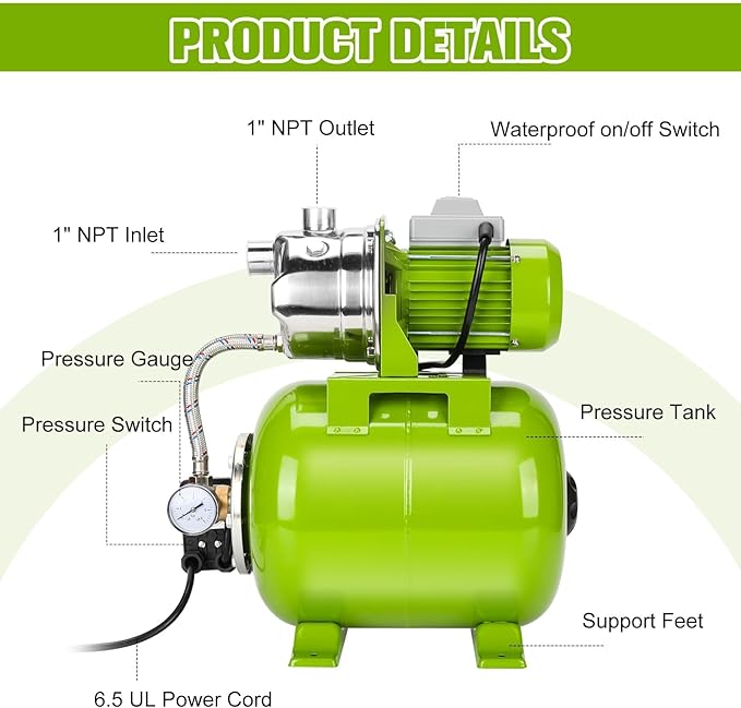 3/4HP Shallow Well Pump with Pressure Tank, 115V, Stainless Steel Irrigation, Automatic Water Booster Jet Pump for Home, Garden, and Lawn Use – Reliable Water Supply Solution