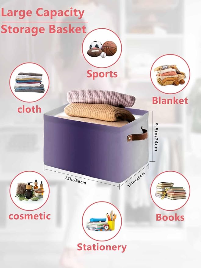 Purple Grey Ombre Storage Bins Cubes Waterproof Cloth Storage Basket, Farmhouse Gradient Minimalist Foldable Storage Bags for Shelf Closet Clothes Storages Organizers with Handles 15x11x9.5 in 2PCS