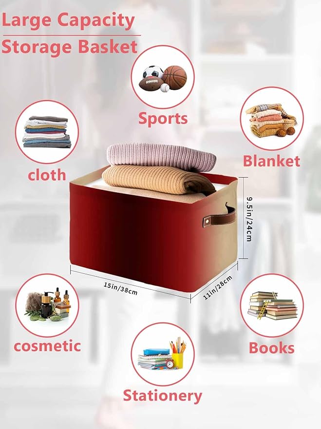 Dark Red Yellow Ombre Storage Bins Cubes Waterproof Cloth Storage Basket, Farmhouse Modern Gradient Art Foldable Storage Bags for Shelf Clothes Storages Organizers with Handles 15x11x9.5 in 1PCS