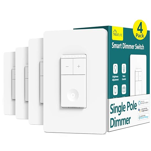 TREATLIFE Smart Dimmer Switch 4 Pack, Single Pole 2.4GHz Wi-Fi Smart Light Switch Works with Alexa and Google Assistant, Neutral Wire Needed, Schedule, Remote Control, FCC Listed