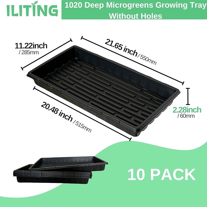 Standard 1020 Tray Sturdy Plant Growing Trays Plastic Seed Starter Tray for Microgreens Heavy Duty Seedling Trays No Drainage Holes 10 Pack