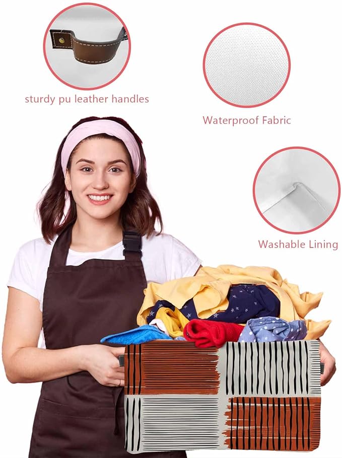 Brown Striped Storage Bins Cubes Waterproof Cloth Storage Basket, Farmhouse Stripes Modern Abstract Art Foldable Storage Bags for Shelf Clothes Storages Organizers with Handles 15x11x9.5 in 1PCS