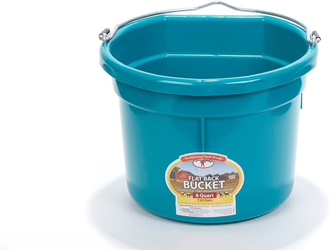 Little Giant® Flat Back Plastic Animal Feed Bucket | Animal Feed Bucket with Metal Handle | Horse Stall Feeding and Watering Supplies (Teal, 8 Quart)