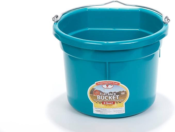 Little Giant® Flat Back Plastic Animal Feed Bucket | Animal Water and Feed Bucket with Metal Handle | 8 Quarts | Teal