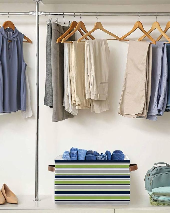 Green Gray Striped Storage Bins Cubes Waterproof Cloth Storage Basket,Farmhouse Stripes Modern Abstract Art Foldable Storage Bags for Shelf Clothes Storages Organizers with Handles 15x11x9.5 in 2PCS