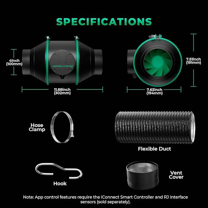 MARS HYDRO iFresh 4'' Inline Duct Fan Combo,Quiet Grow Tent Ventilation System Kit with Variable Speed Controller,Carbon Filter and Ducting, Exhaust Fan Kit for Grow Room Cooling