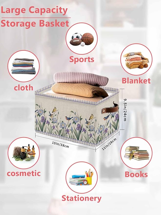 Spring Flowers Storage Bins Cubes Waterproof Cloth Storage Basket,Vintage Floral Leaves Birds Farmhouse Plaid Foldable Storage Bags for Shelf Clothes Storages Organizers with Handles 15x11x9.5 in 2PCS