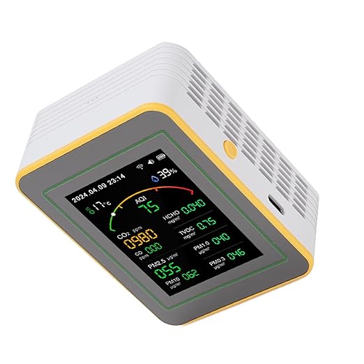 Air Quality Detector, 15 in 1 WiFi APP Control CO2 HCHO TVOC PM2.5 PM10 Monitor, Humidity Temperature Detector with Smart Timer & Curve Recording, Ideal for Indoor Air Quality (White Yellow)
