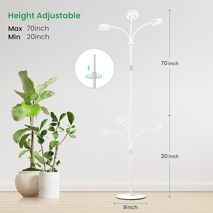 LORDEM Full Spectrum Plant Light for Indoor Growing,Tri-Head Grow Light with Stand for Large Plants,Auto ON/Off Timer 6/8/12/16H, 5 Dimmable Levels, 20-70 inches Adjustable Height
