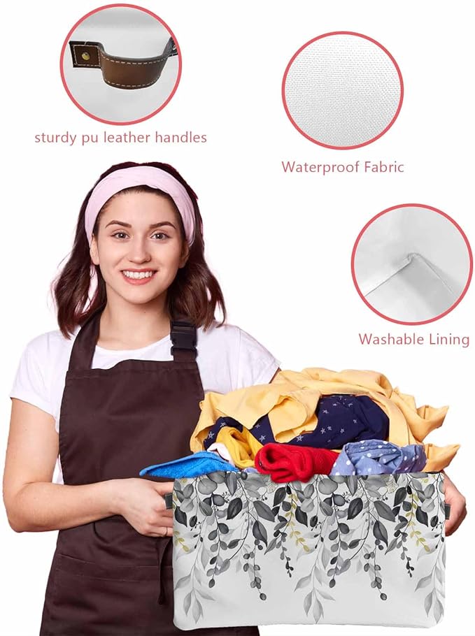 Grey Eucalyptus Storage Bins Cubes Waterproof Cloth Storage Basket, Watercolor Spring Weeping Botanical Foldable Storage Bags for Shelf Clothes Storages Organizers with Handles 15x11x9.5 in 2PCS
