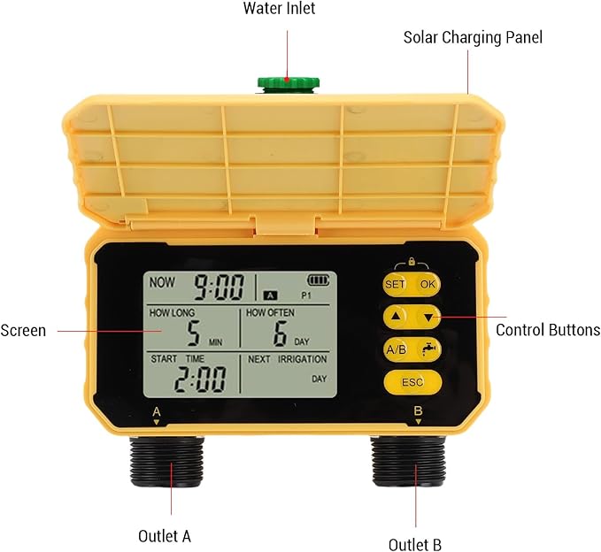 Solar Panel Sprinkler Timer, Double Outlet Smart Water Timer with Rain Sensor, Automatic Watering Valve Irrigation Controller System for Garden Hose Lawns Yard