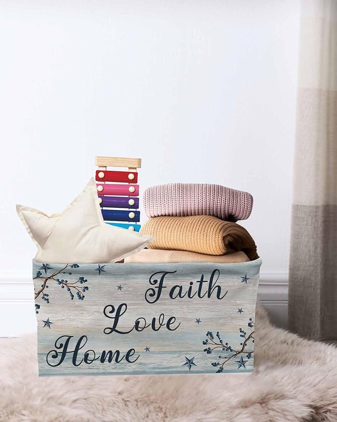 Vintage Farmhouse Storage Bins Cubes Waterproof Cloth Storage Basket,Blue Country Texas Star Vines Wooden Foldable Storage Bags for Shelf Clothes Storages Organizers with Handles 15x11x9.5 in 1PCS