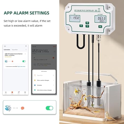 24/7 Online WiFi pH EC Monitor, EC PPM pH Mete Hydroponic Nutrients Smatr Monitor, APP Online Nutrient Meter with Data Logger Function for Nutrient Reservoir Water Tank DWC Indoor Garden
