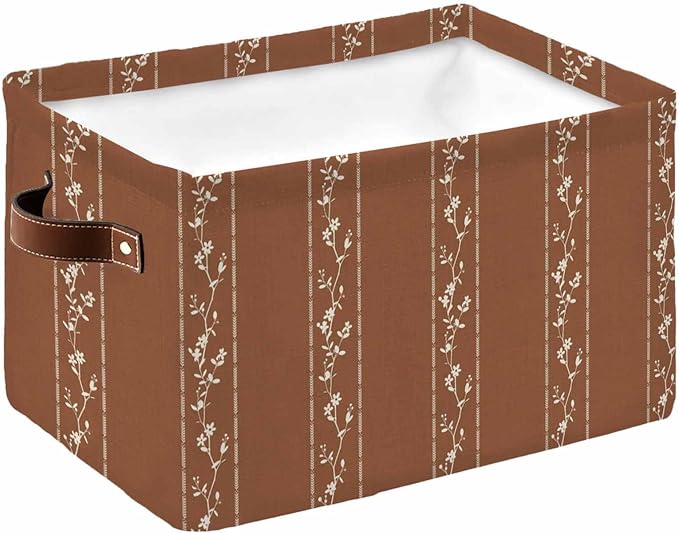 Brown Flowers Branch Storage Bins Cubes Waterproof Cloth Storage Basket, Spring Summer Farmhouse Botanical Foldable Storage Bags for Shelf Closet Clothes Organizers with Handles 15x11x9.5 in 1PCS