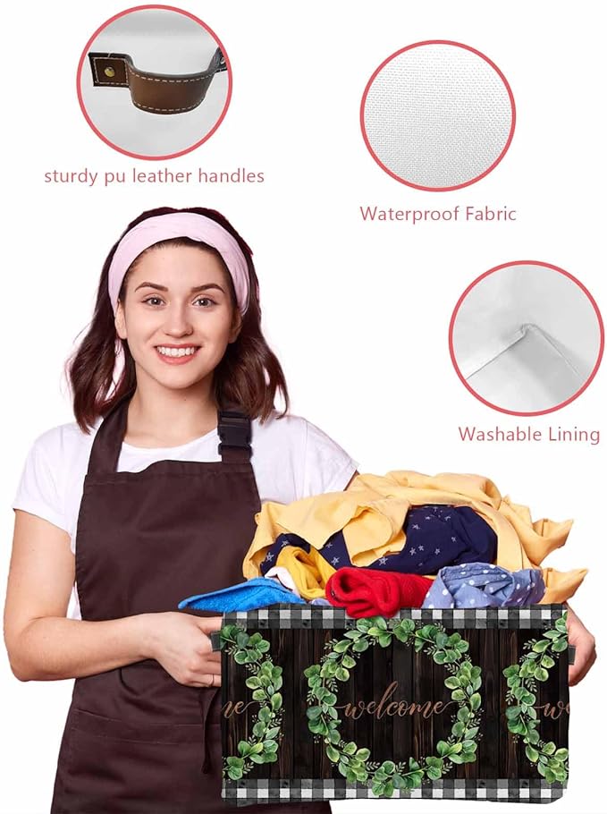 Spring Eucalyptus Leaves Storage Bins Cubes Waterproof Cloth Storage Basket,Farmhouse Botanical Brown Wood Foldable Storage Bags for Shelf Clothes Storages Organizers with Handles 15x11x9.5 in 2PCS