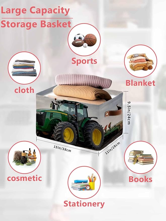 Farm Tractor Storage Basket with Handles for Shelves Closet, Green Truck Country Rustic Field Harvester Collapsible Fabric Cube Storage Organizer Bins for Shelves, Closet 2Pieces