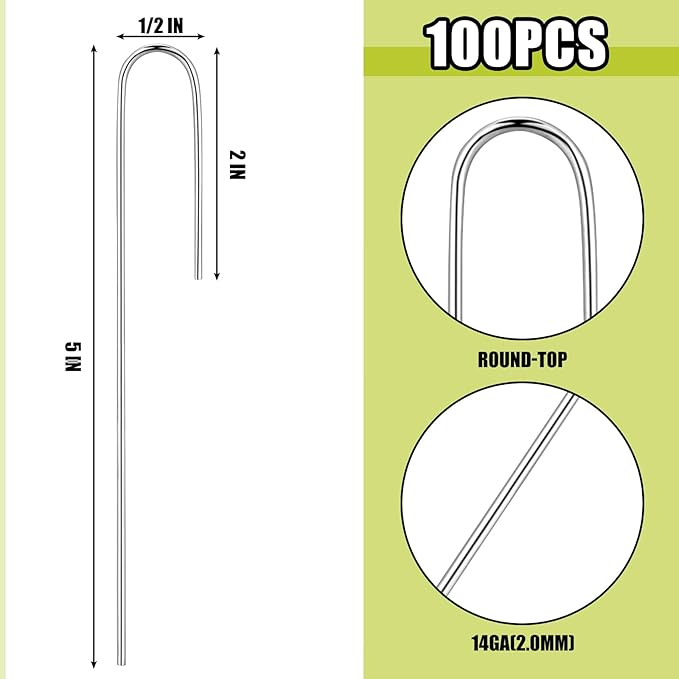 Pelopy 100 Pcs 1/2" Irrigation Drip Tubing Stakes 5 in J-Shaped Landscape Staples Garden Drip Line Stakes Soaker Hose Pins for Lawn Plant Yard Fence Ground Drips Systems, Silver