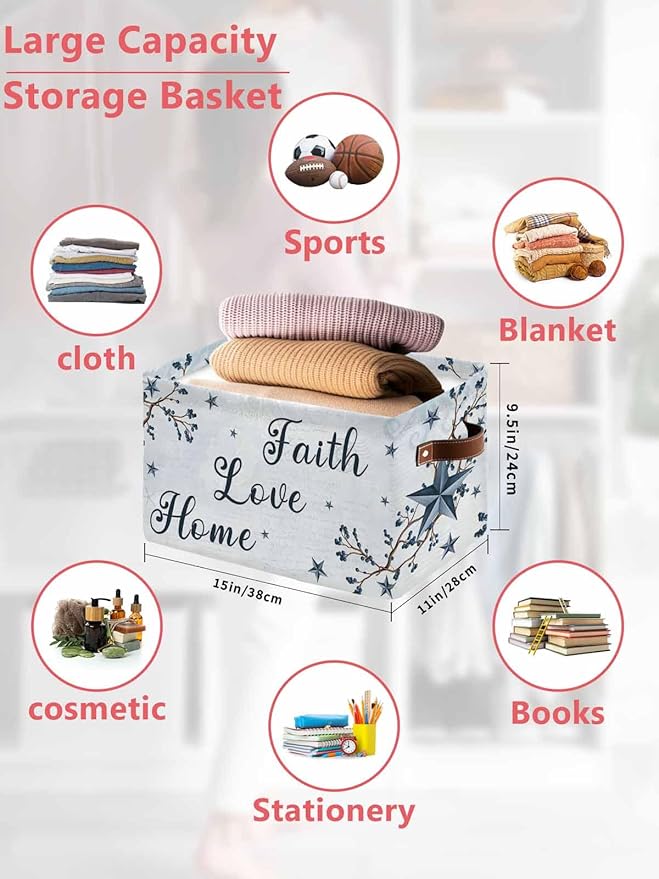 Texas Star Country Storage Bins Cubes Waterproof Cloth Storage Basket, Blue Farmhouse Branches Foldable Storage Bags for Shelf Closet Clothes Storages Organizers with Handles 15x11x9.5 in 1PCS