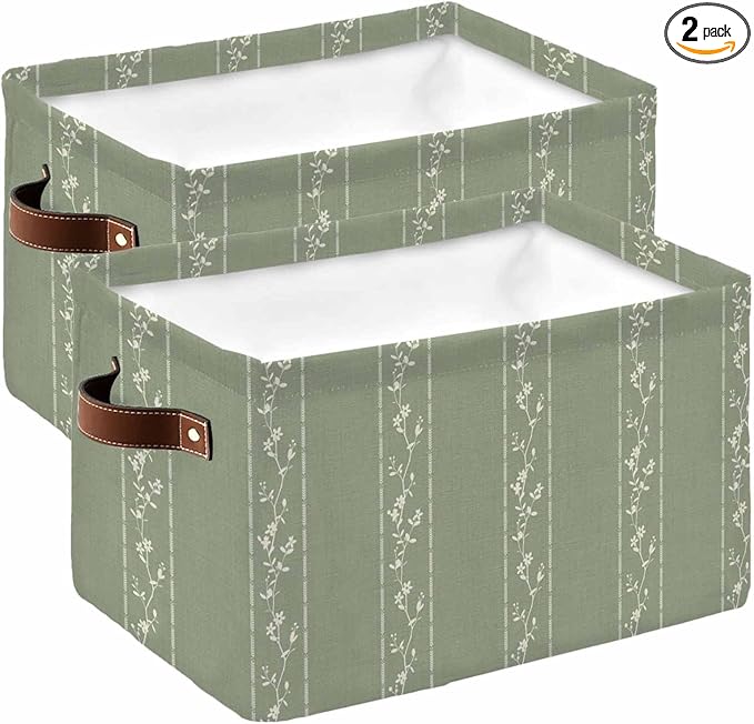 Green Flower Branch Storage Bins Cubes Waterproof Cloth Storage Basket, Spring Summer Farmhouse Botanical Foldable Storage Bags for Shelf Closet Clothes Organizers with Handles 15x11x9.5 in 2PCS