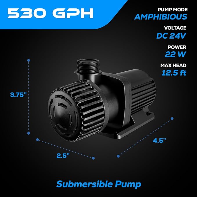 530 GPH Intelligent ECO Amphibious Water Pump - Sine Wave Technology with Controller for Hydroponics & Aquariums, 22W - 5 Pack