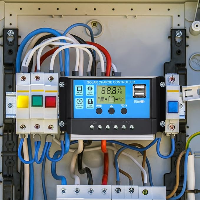 30A Solar Charge Controller, 12V/24V Dual USB Solar Panel Battery Intelligent Regulator with LCD Display, PWM Auto Parameter Adjustable, Timer Setting, Multiple Load Control Modes