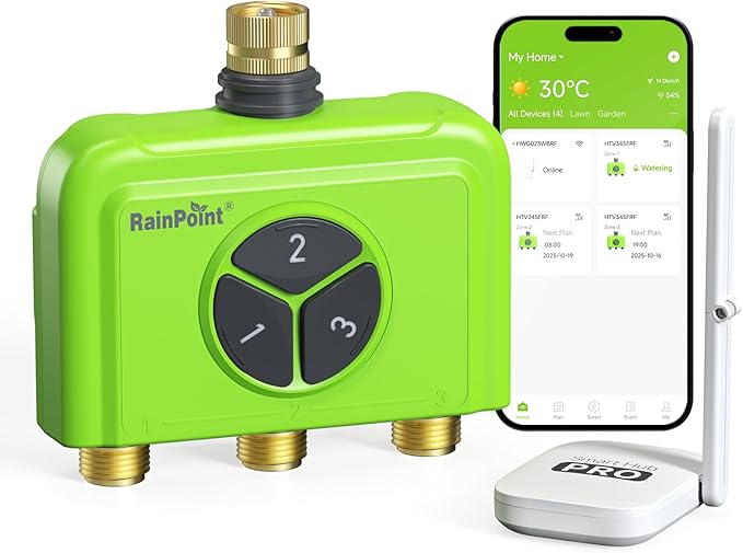 RAINPOINT 3 Zone WiFi Water Timer with Smart Gateway, Brass Inlet/Outlet WiFi Sprinkler Timer, Voice Control, Smart Watering System by Time/Weather/Quantity/Soil Moisture, Rain Delay & Manual Watering