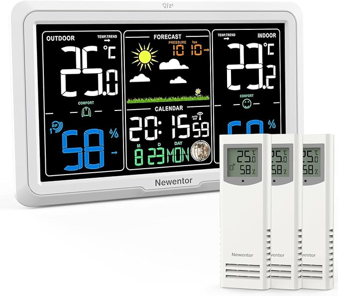 Newentor Weather Station Wireless Indoor Outdoor, Indoor Outdoor Thermometer Wireless, 7.5" Home Weather Stations with Atomic Clock, Temperature Humidity Gauge, Weather Forecast, White, 3 Sensors