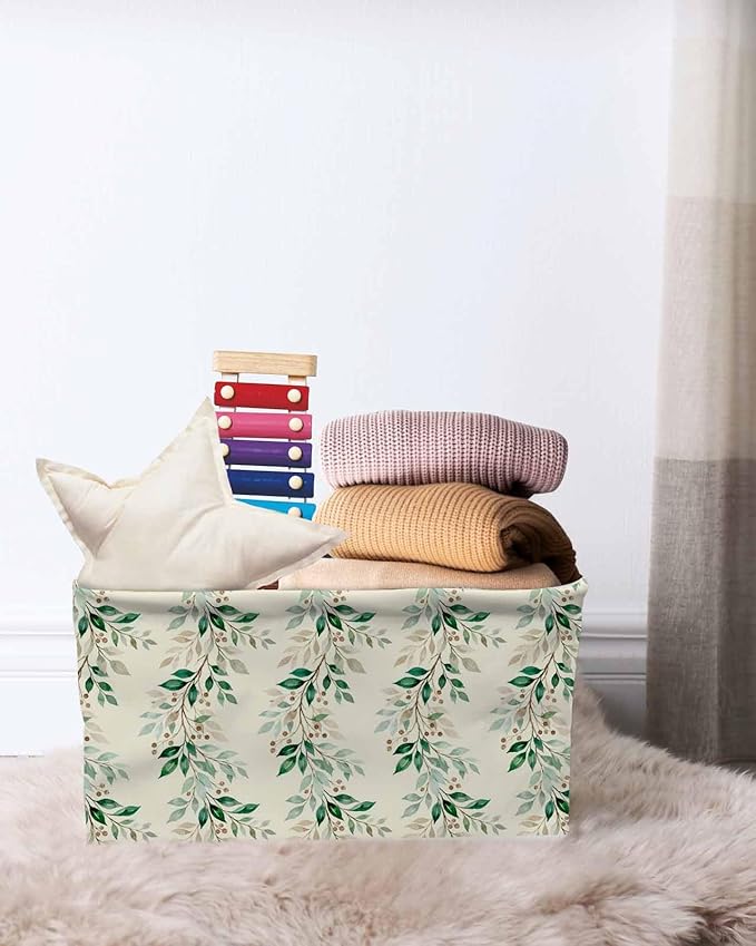 Weeping Leaves Storage Bins Cubes Waterproof Cloth Storage Basket, Summer Green Branch Berry Farmhouse Foldable Storage Bags for Shelf Closet Clothes Organizers with Handles 15x11x9.5 in 1PCS