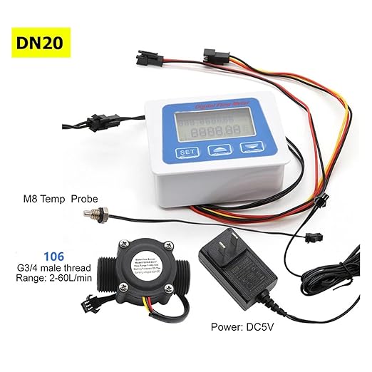 Smart Digital Water Flow Meter Set LCD Flow Rate Monitor Inline Electronic Flow Sensor with Temperature Display G1 G1/2 G3/4 Accurate Measurement(106-DN20)