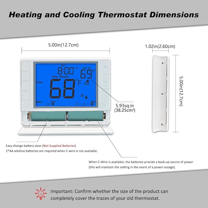 Programmable Thermostat for House, Single-Stage, 1 Heat/1 Cool, Energy-Saving Comfort, Blue Backlight