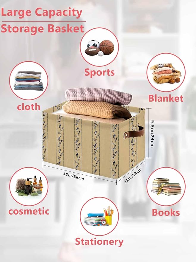Khaki Flower Branch Storage Bins Cubes Waterproof Cloth Storage Basket, Spring Summer Farmhouse Botanical Foldable Storage Bags for Shelf Closet Clothes Organizers with Handles 15x11x9.5 in 1PCS