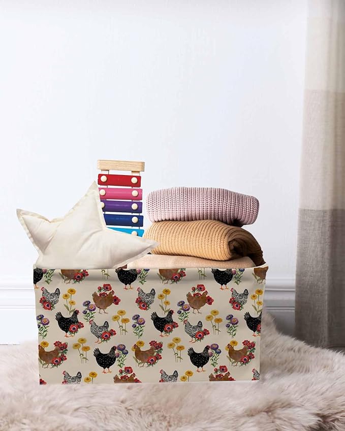 Farmhouse Rooster Storage Bins Cubes Waterproof Cloth Storage Basket, Vintage Watercolor Flowers Beige Foldable Storage Bags for Shelf Closet Clothes Storages Organizers with Handles 15x11x9.5 in 1PCS